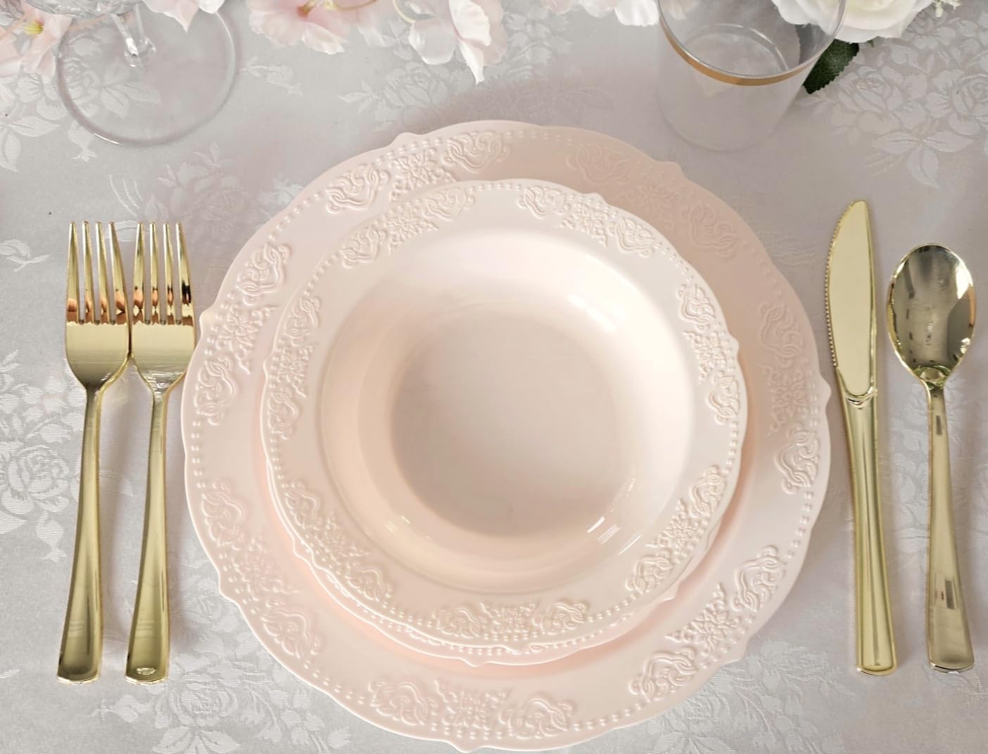 " OCCASIONS " 120 Plates Pack,(60 Guests) Vintage Wedding Party Disposable Plastic Plates Set -60x10.25'' Dinner+ 60x7.5'' Salad/Dessert Plate (Portofino Light Pink/Blush)