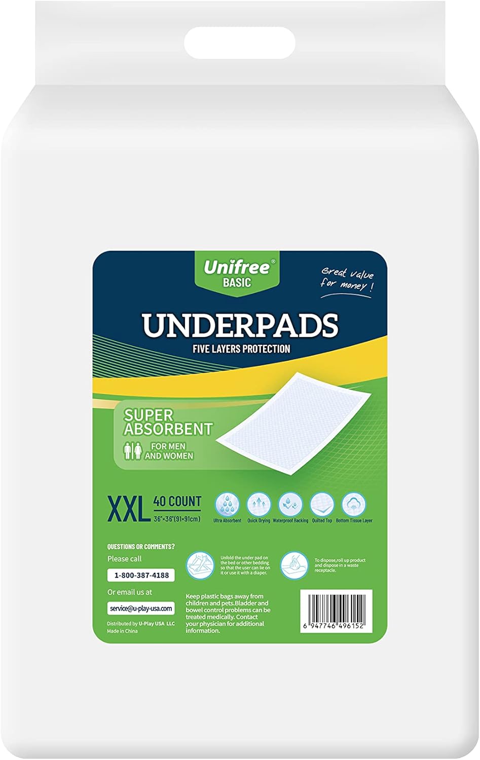 Unifree Disposable Underpads - Super Absorbent Incontinence Pads | 40 Count, Blue (XXL 36x36 Inch)