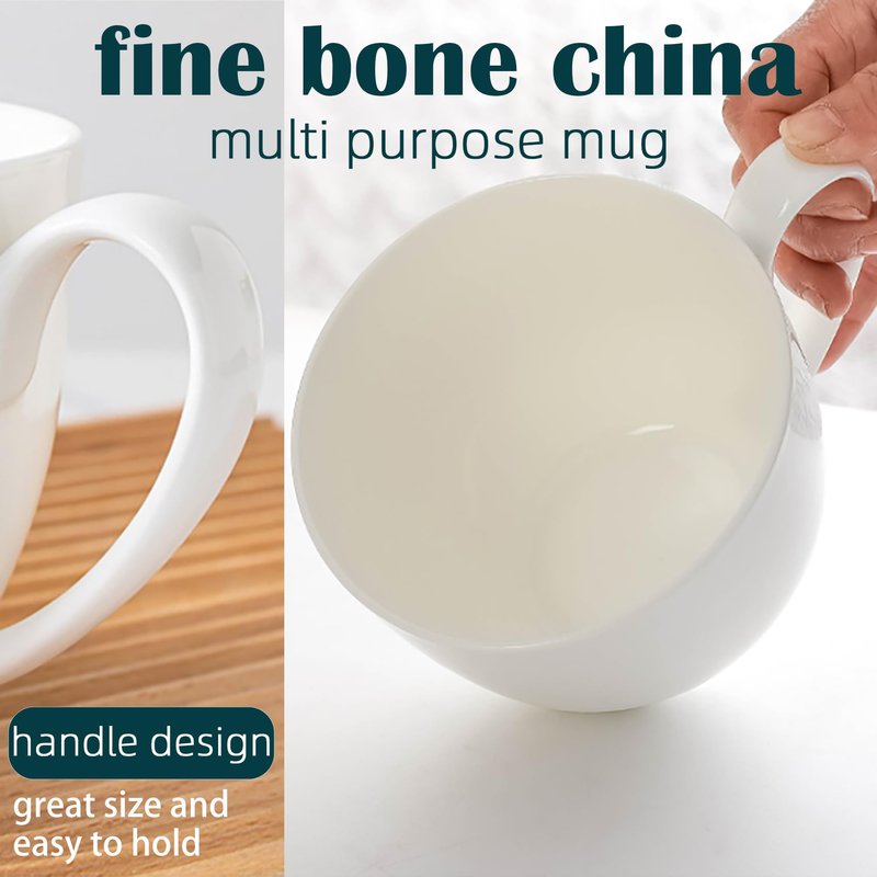 Gang Rinpoche 22 OZ White Bone China Soup Mugs with Handles, Large Ceramic Coffee Mugs Set of 2 for Hot Chocolate Cocoa Cereal Salads Yogurt Beverage Milk Latte Cappuccino, Dishwasher Microware Safe