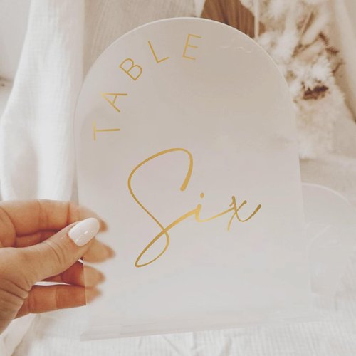 JINMURY Frosted Arch Wedding Table Numbers 1-30 with Stands, 5x7 Inch Acrylic Arch Sign with Golden Lettering, Frosted Acrylic Table Numbers for Wedding Reception