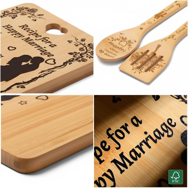 Recipe for a Happy Marriage Gift Set, Bamboo Cutting Board with Engraved Utensils, Unique Wedding, Engagement, Bridal Shower Gift for Couples, Him and Her, Mr and Mrs Newlywed Kitchen Set