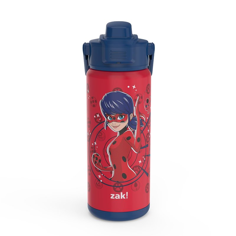 Zak Designs Beacon Insulated Bottle, Miraculous Ladybug 20oz Durable Stainless Steel Double Wall Vacuum Insulation, Silicone Spout & Push-Button, Leak Proof Lid Dishwasher Safe