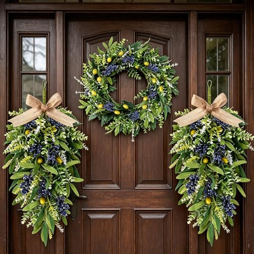 3-Piece Artificial Eucalyptus and Olive Wreath Set for Front Door Decor