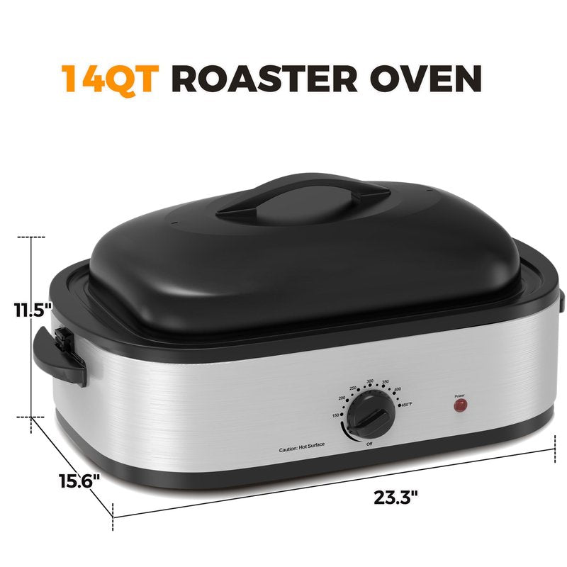 SUNVIVIPRO 14-Quart Electric Roaster Oven with Self-Basting Lid, Turkey Roaster Oven with Removable Pan and Rack, Stainless Steel, Sliver, 14 QT