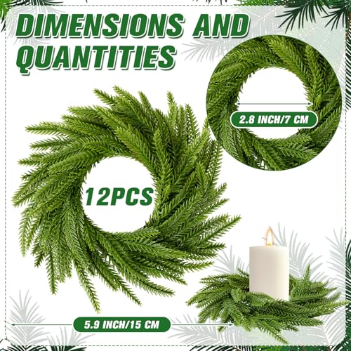 Dingion 12Pcs Norfolk Pine Christmas Candle Ring Wreaths 6in Green