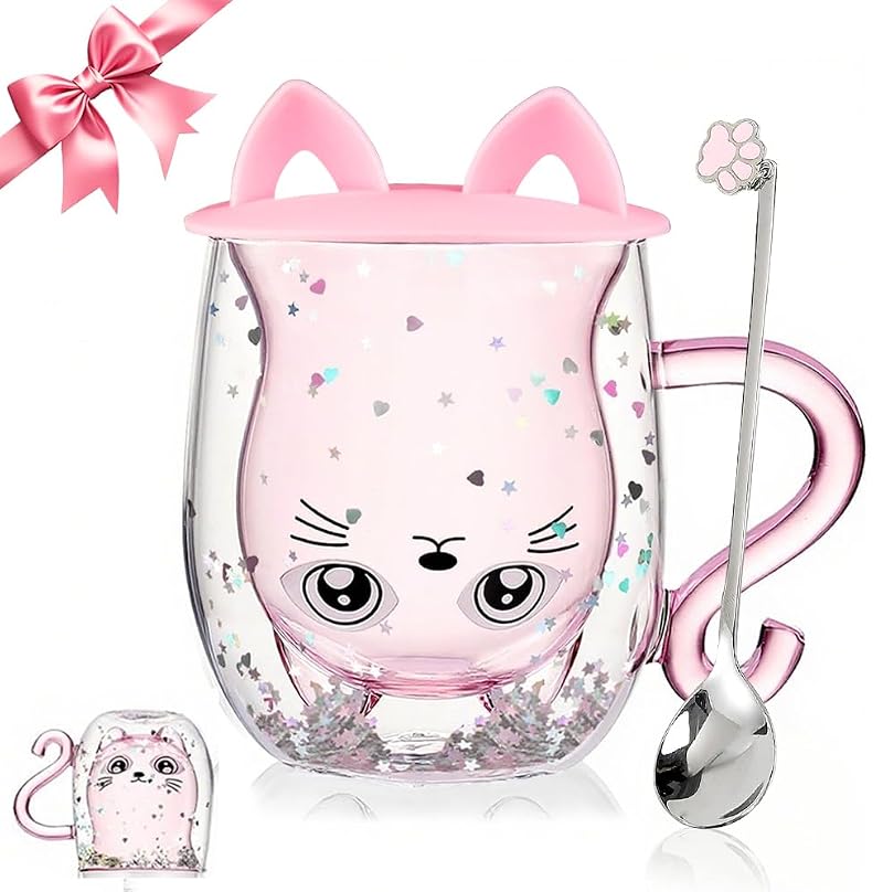 Binoster Glittery Pink Cat Double-Walled Coffee Glass - 230ml-280ml Gift Mug
