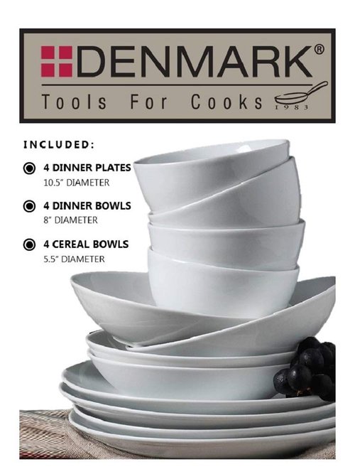 Denmark White Catering and Dining- Commercial Chef Restaurant Grade Scratch Chip Resistant Dishwasher Oven Microwave Safe Dinner Soup Cereal Plate Bowl, 12 Piece White Vitrified Dinnerware Set