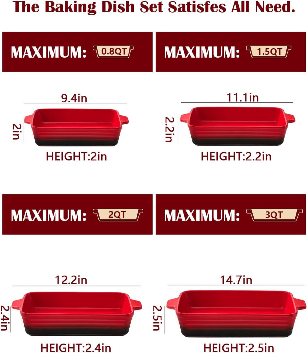 Regine Switzerland Casserole Dishes - Heat-Resistant Ceramic Bakeware Set of 4 | Red, 9.4"-14.7" Sizes
