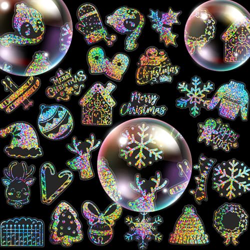 Holographic Christmas Sticker Set 50pcs - Transparent Waterproof Scrapbooking Decor