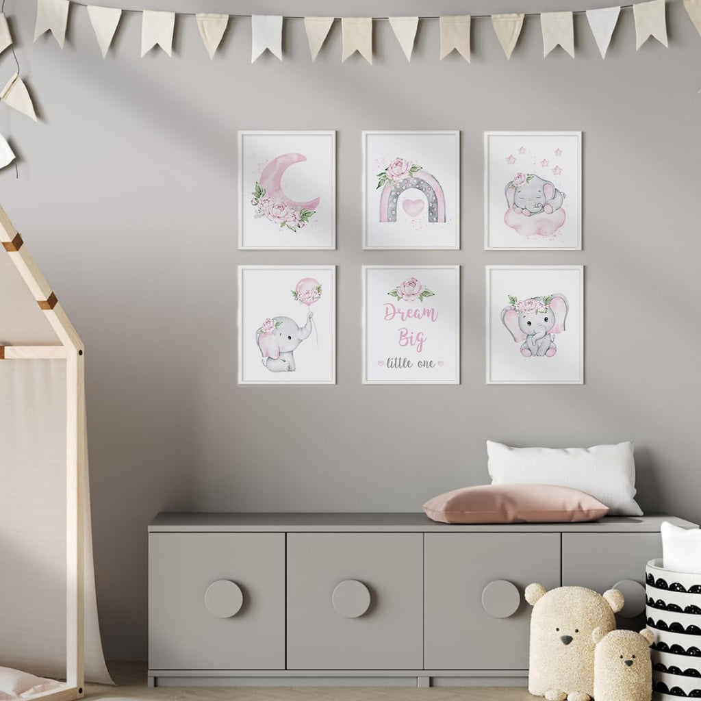 Canssape Pink Elephant Nursery Wall Decor Set of 6 Baby Girl Room Decor Elephant Wall Art Goodnight On Moon |Dream Big Little One Decoration for Kids Nursery Girls Room|(8"x10")(Unframed)