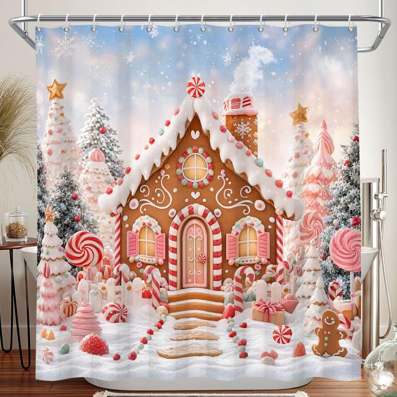 Duluxykl 72x72 in Christmas Gingerbread House Shower Curtain Pink