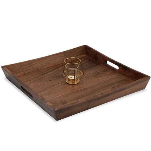MAGIGO 19 x 19 Inches Large Square Curved Black Walnut Wood Ottoman Tray with Handles, Serve Tea, Coffee Classic Wooden Decorative Serving Tray
