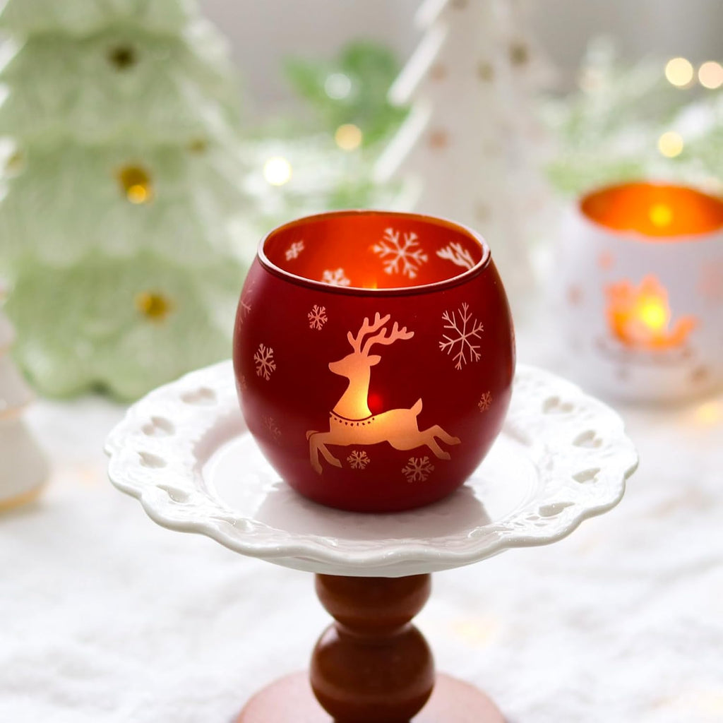 Skiennix Christmas Candle Holders - Set of 4 Frosted Glass Tealight Votives | Holiday Table Centerpiece (Red, Green, White)