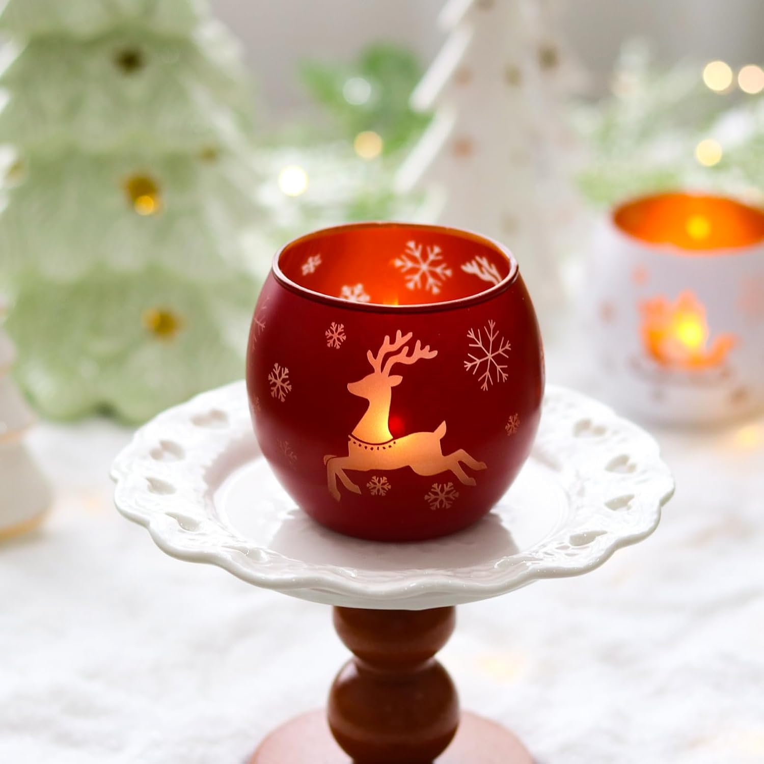 Skiennix Christmas Candle Holders - Set of 4 Frosted Glass Tealight Votives | Holiday Table Centerpiece (Red, Green, White)