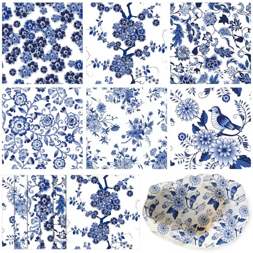 36 Pack Blue and White Floral Decoupage Napkins, 13-Inch Chinoiserie Paper