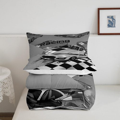 Erosebridal Racing Comforter Set Twin Size,Extreme Sports Race Car Bedding for Boys Kids,Race Sports Car Competition Cool Speed Bedding Comforter Sets,1 Duvet Insert 1 Pillowcase - 2 Pieces(Grey)