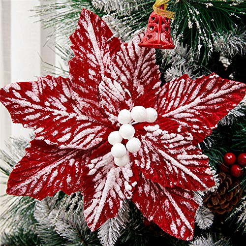 10 Pcs Snow Poinsettia Stems 10.6" Christmas Flowers Red & White - FuleHouzz