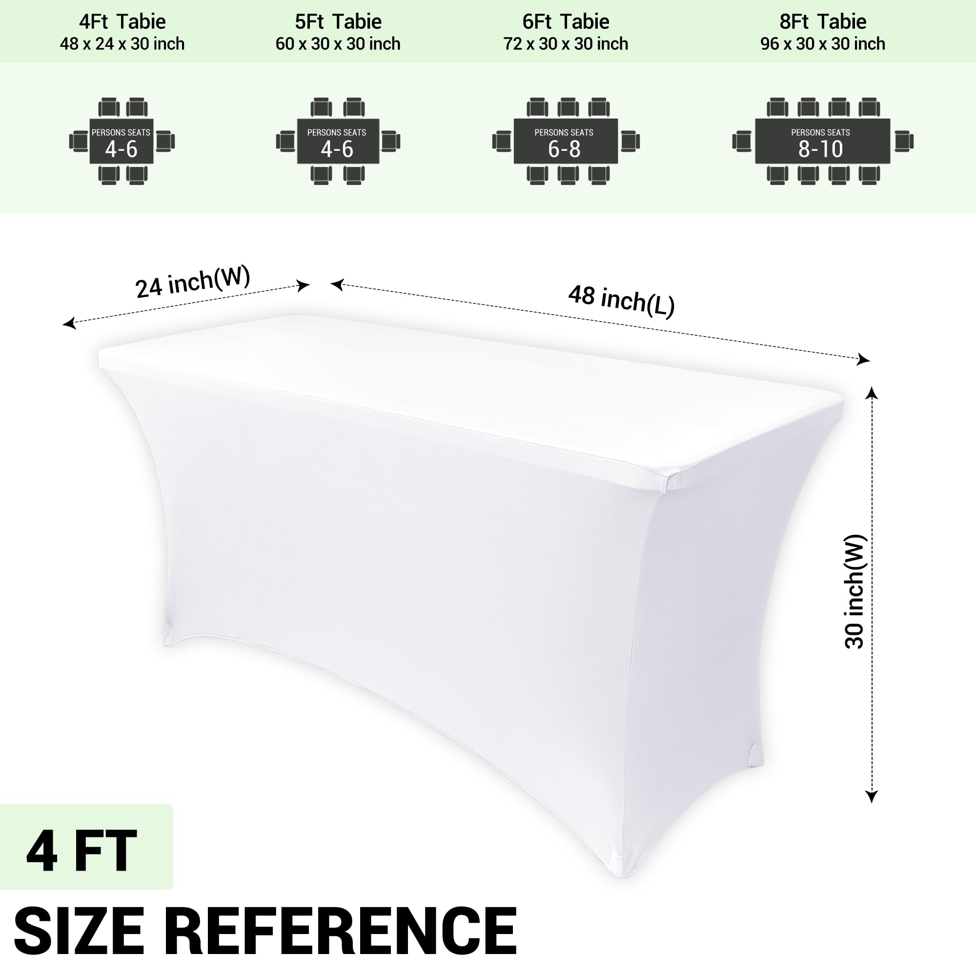 Obstal 4Ft Stretch Spandex Table Cover for Standard Folding Tables - 2 Pack Universal Rectangular Fitted Tablecloth for Party, Banquet, Events, Trade Show (White, 48L x 24W x 30H Inches)