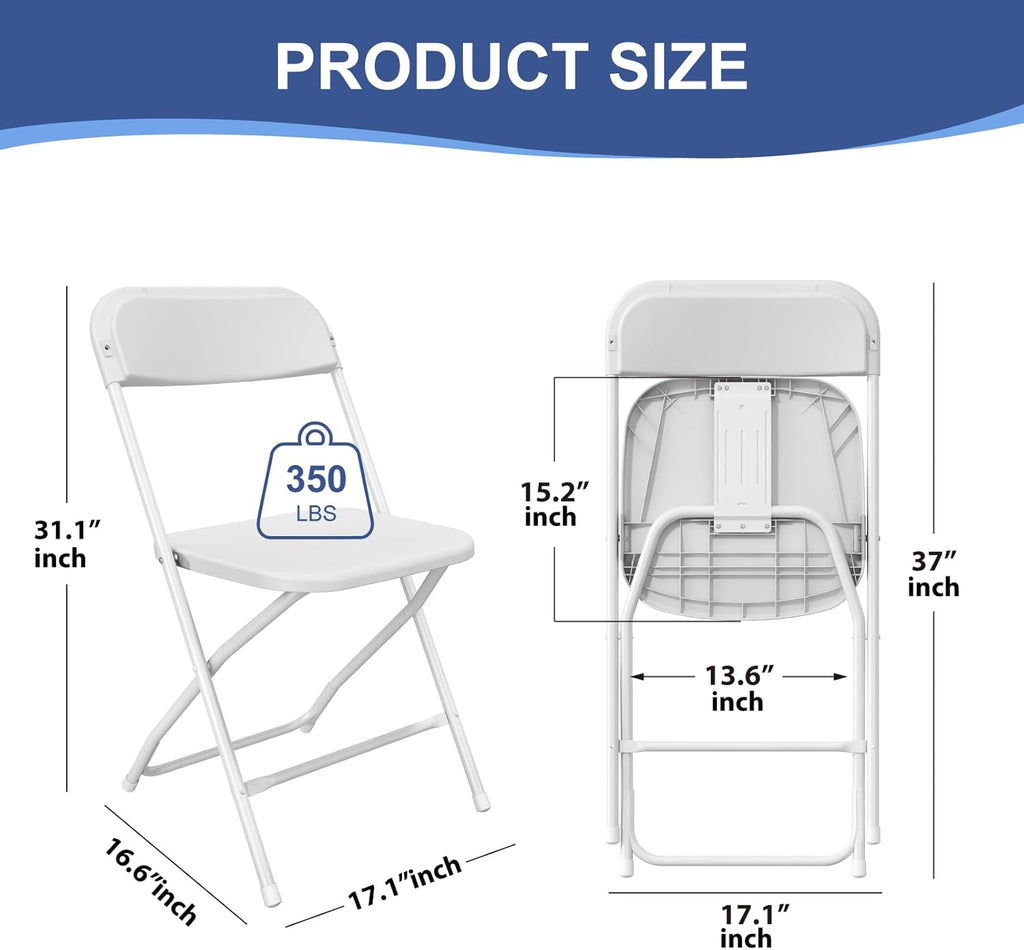 Skiennix 10-Pack White Folding Chairs - Lightweight, Portable Design | 350lb Capacity for Events & Parties