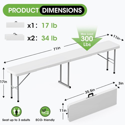 HLPB Folding Bench - 6 ft Portable Plastic Seating with Handle | Smooth HDPE Tabletop, 2 Pack, White
