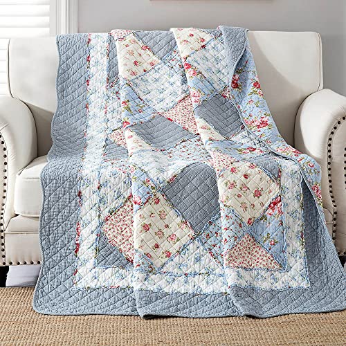 Twin Size Reversible Cotton Quilt - Blue Floral Patchwork Throw Blanket
