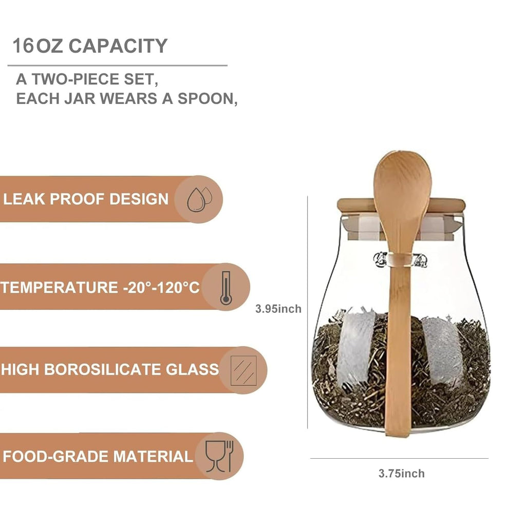 DNIENKGE Airtight glass jar storage container with bamboo lid Set of 4, wide mouth, leak-proof, With a spoon, can be used for coffee beans, tea leaves, grains, dried fruits, etc (Small*4pcs)