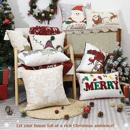 Lewondr Christmas Throw Pillow Cover, 1 PCS 12 x 20 Inch Cute Santa Claus Reindeer Sleigh Embroidery Throw Pillow Case Luxury Soft Pellet Velvet Lumbar Pillow Cover for Bed Home Decor Living Room