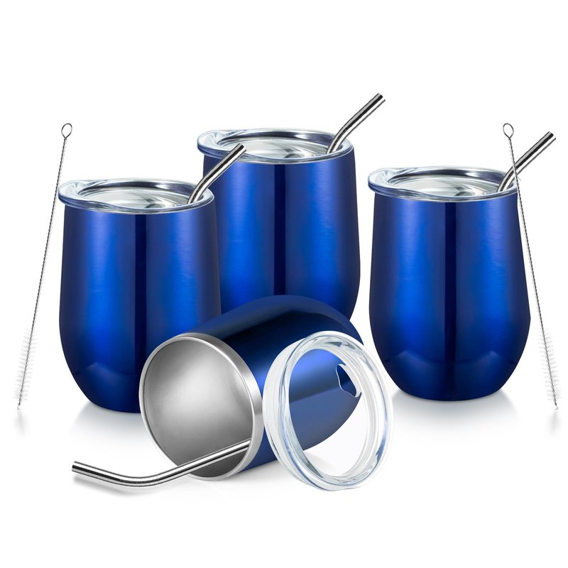 COMOOO Stainless Steel Wine Tumbler with Lid and Straw, 12oz Double Wall Vacuum Insulated Wine Tumbler Cup, Stemless Wine Tumbler for Hot and Cold Drinks, Coffee, Wine, Cocktails, Royal blue, 12 Pack