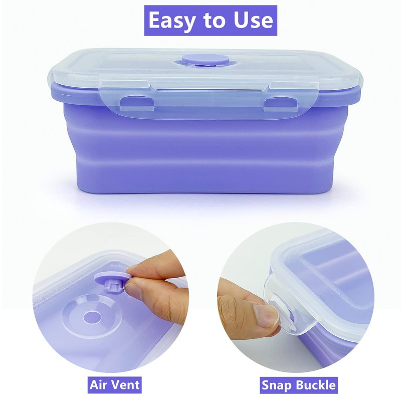 Lunbengo Purple Collapsible Meal Prep Containers Camping Bowls Silicone Bento Box with Airtight Plastic Lid, Microwave Safe, Portable Lunch Container, For Food Storage, Travel and Hiking, 3Pack