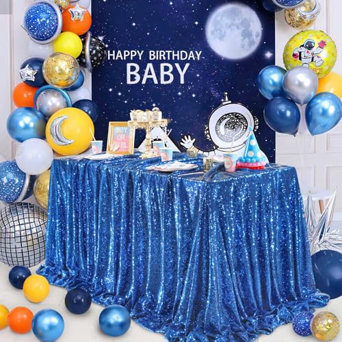QueenDream Royal Blue Sequin Tablecloth 90x156 Inch Party Overlay