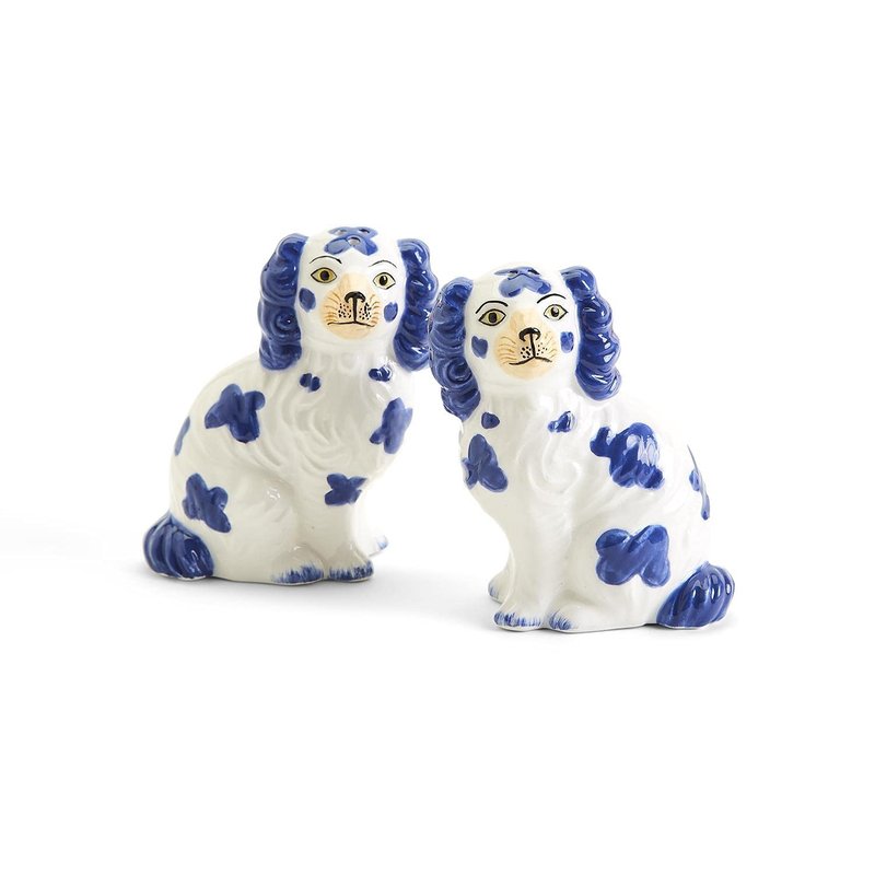 Two's Company Staffordshire Dog Salt and Pepper Shaker Set - Hand-Painted Ceramic, 3.5-Inches Height (Blue and White)
