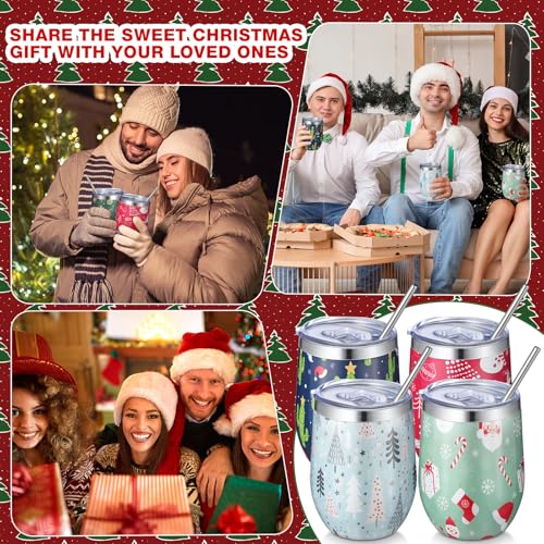 Sliner Classic Christmas 12oz Stainless Steel Wine Tumblers 18 Pcs with Lids & Straws