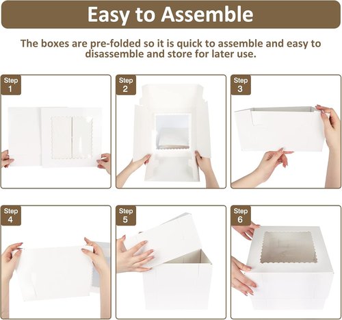 Moretoes Cake Boxes - 20 Pcs Tall White Bakery Boxes with Window | 10x10x8 Inches for Pastries & Desserts