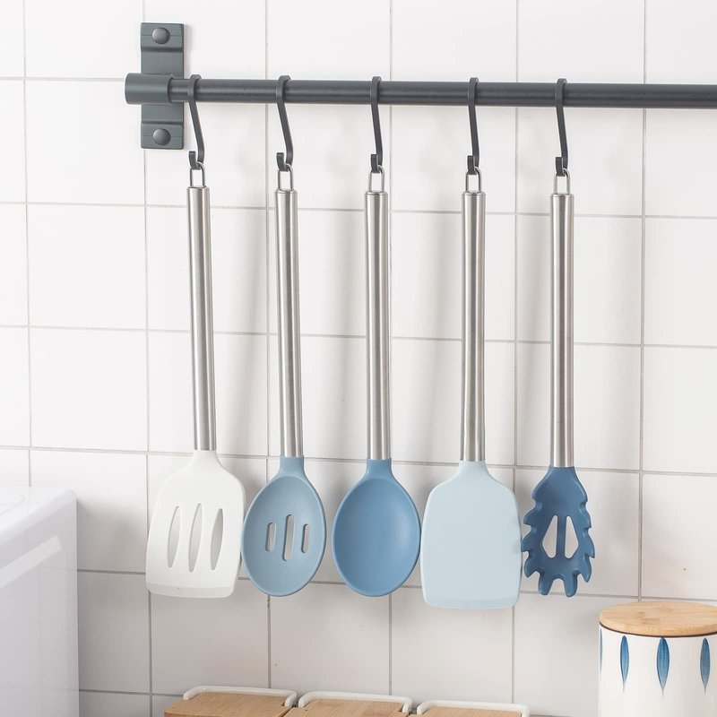 COOK WITH COLOR Silicone Cooking Utensils, Kitchen Utensil Set, Easy to Clean Silicone Kitchen Utensils, Cooking Utensils for Nonstick Cookware, Kitchen Gadgets Set, 5 Pieces, Blue and White
