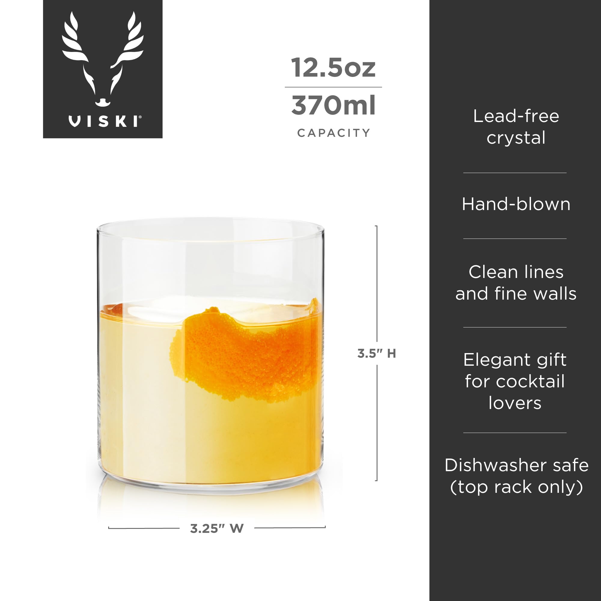 Viski Element Tumblers, Rocks glass, Modern Minimalist Old Fashioned Cocktail Glasses, Ultra Fine Crystal 13.5 Oz Set of 2