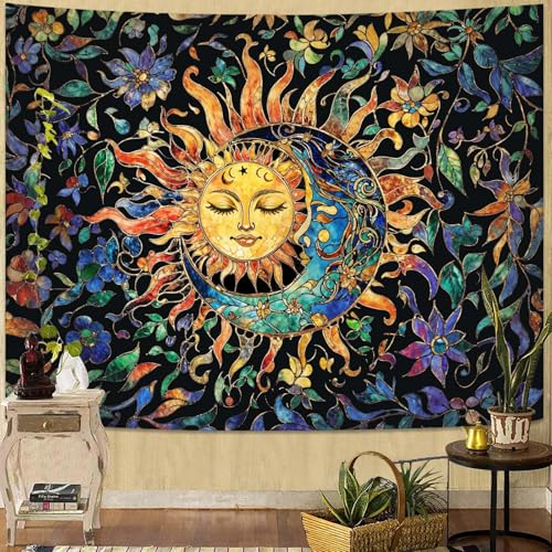 Sun and Moon Stained Glass Wall Tapestry - Boho Vintage Floral Wall Hanging