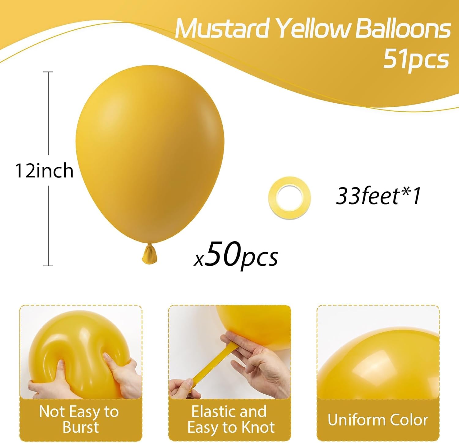 Mustard Yellow Balloons - 12-Inch Latex Party Balloons | 50-Pack for Thanksgiving & Baby Showers