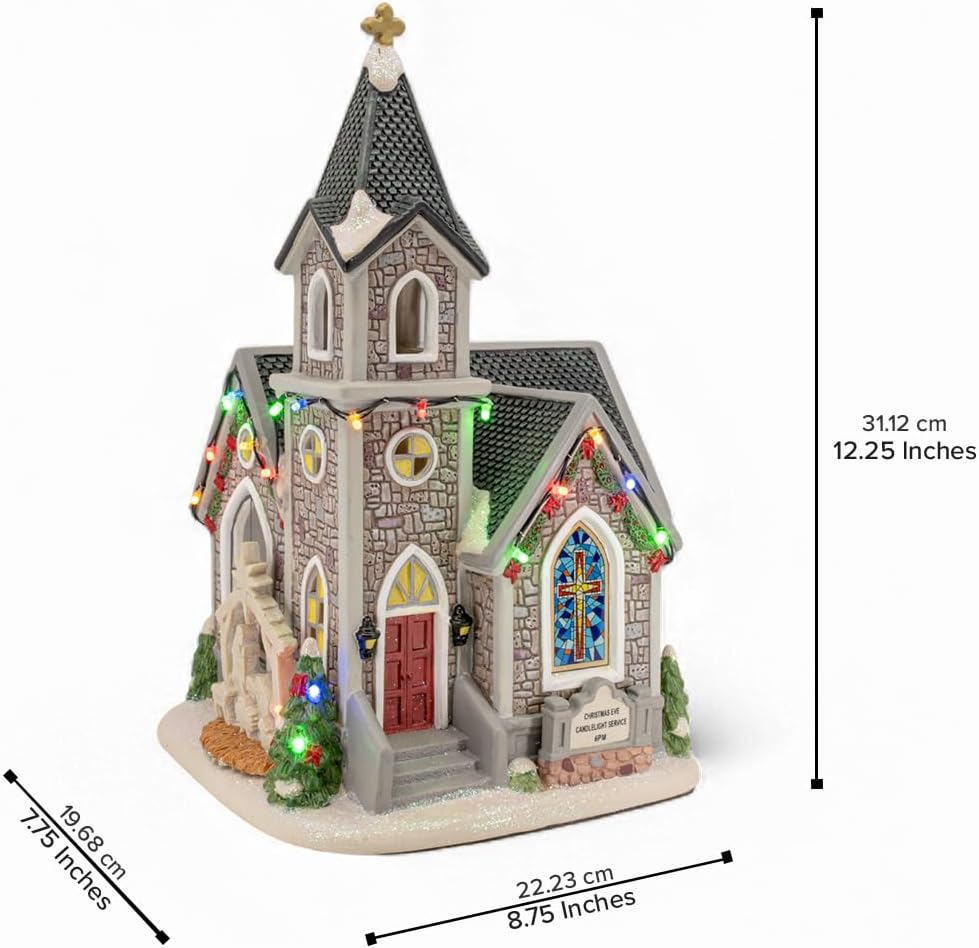 Skiennix Corner Cathedral Porcelain Christmas Village - LED Lights for Festive Charm