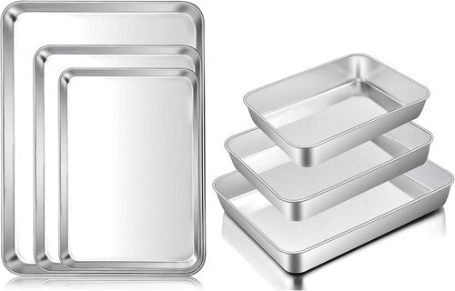 E-far Stainless Steel Baking Pans Set - 3 Rectangle Bakeware for Cake, Lasagna & Brownies | 12.5/10.5/9.4 Inch & 16/12.4/10.4 Inch, Dishwasher Safe
