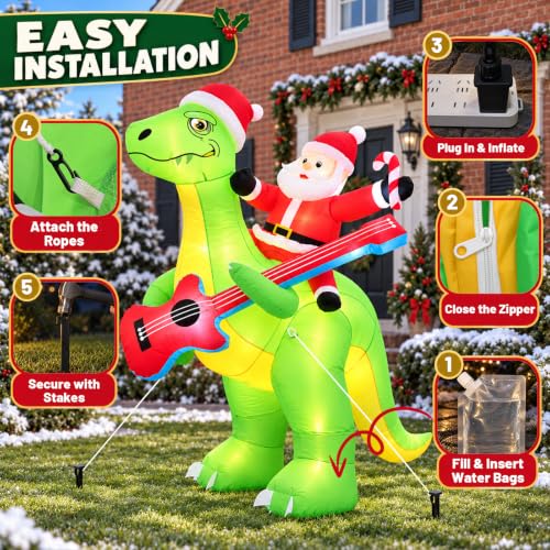 Moerge 5.7ft Santa Riding Dinosaur Inflatable with 8 LED Lights - Outdoor Christmas Decor
