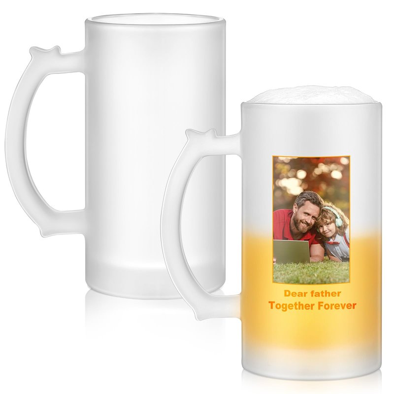 Mifoci 2 Pcs Sublimation Blank Beer Mugs Personalized Tazas Para Present 16 oz Frosted Beer Glass Cups Can Add Photo Text or Images on Gift for Dad Husband Groomsmen Father's Day Wedding Oktoberfest