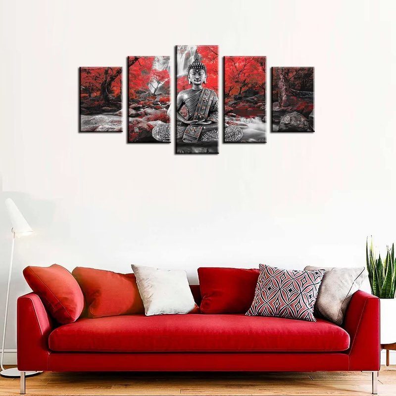 AWLXPHY Decor Buddha Wall Art Canvas Waterfall Painting Framed 5 Panels for Living Room Decoration Modern Landscape Buddha Trees Zen Wall Art Giclee (Red, 60"x30")
