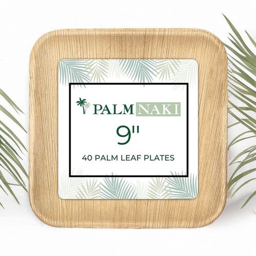 PALM NAKI Square Palm Leaf Plates (40 Count) - Disposable Dinnerware, Eco-Friendly, Bamboo-like Compostable and Biodegradable Plates (9" Plates)