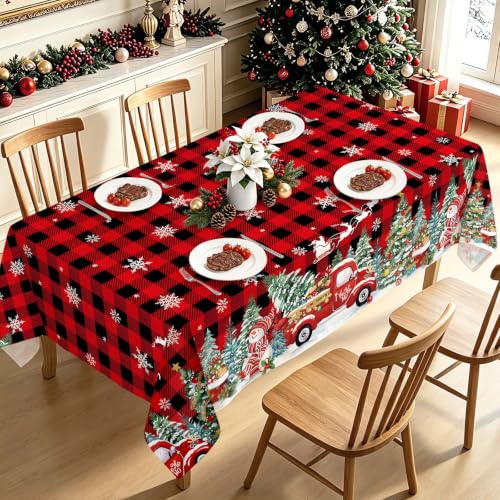 Christmas Tree Plaid Truck Gift Rectangle Table Cloth 55x70in Red Plaid - hometrixx