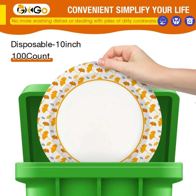 Ginkgo Paper Plates 10 Inch Bulk 100 Count, Heavy Duty Disposable Thanksgiving Plates and Fall Friends Party Paper Plates and Daily Use