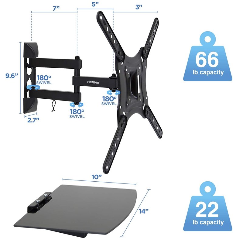 Mount-It! TV Mount with Shelf | Full Motion TV Wall Mount with Floating Entertainment Shelf for Cable Box, DVR | Single Stud Installation | Fits Televisions Up to 55 Inches, VESA 75x75mm to 400x400mm