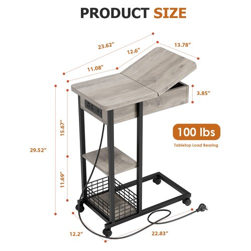 IDEALHOUSE C Shaped End Table with Charging Station, Grey Flip Top Sofa Table with USB Ports and Outlets, Narrow Side Table with 3 Tier Storage Shelf for Living Room, Bedroom, Small Spaces