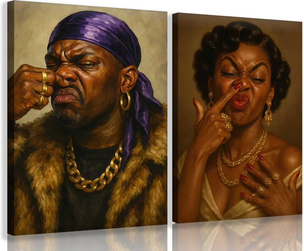 TEOVGKN Funny African American Bathroom Wall Art - Humorous Black Couple Canvas Prints | Framed 12x16 in