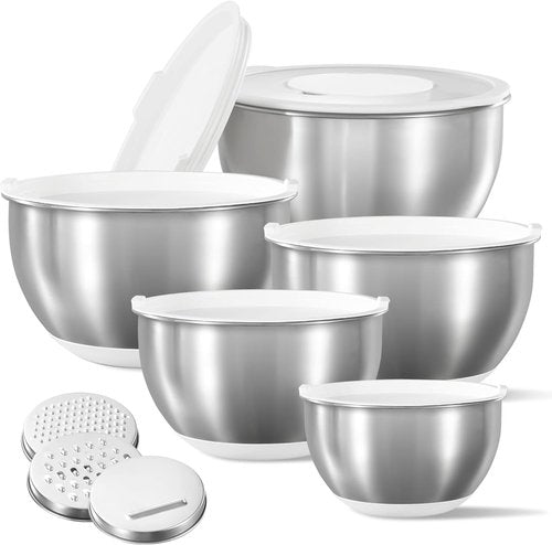 CAROTE Stainless Steel Mixing Bowls Set - 12 Pcs with Airtight Lids & Grater Attachments | Non-Slip Bottoms, Various Sizes