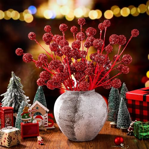 Suncalla 10pcs Christmas Glitter Berry Stems 19.7in Red - Holiday Tree & Decor